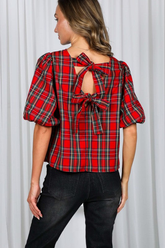 Red Plaid Puff Sleeve Bow-Back Blouse