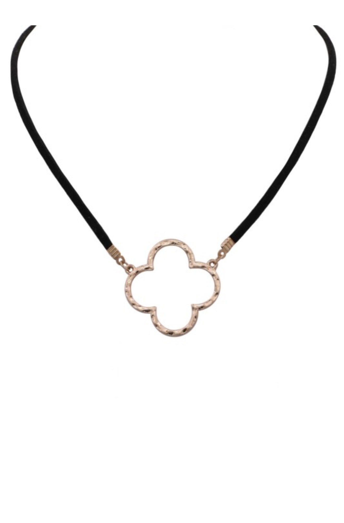 Quatrefoil Pendant Faux Leather Necklace – Gold & Black