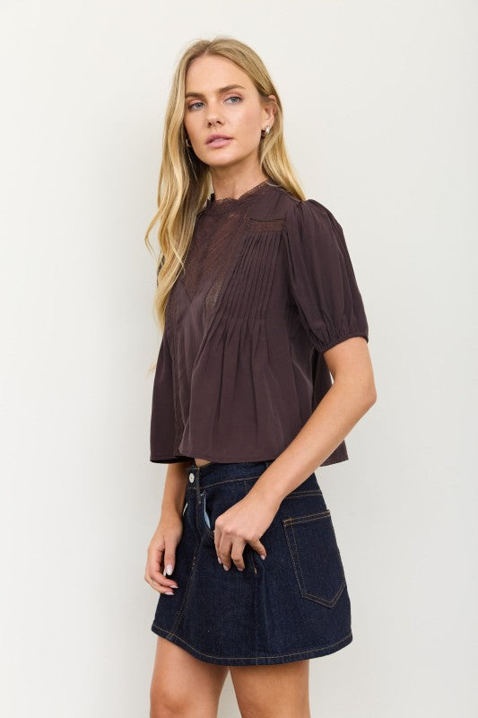 Brown Lace Trim Pintuck Puff Sleeve Blouse