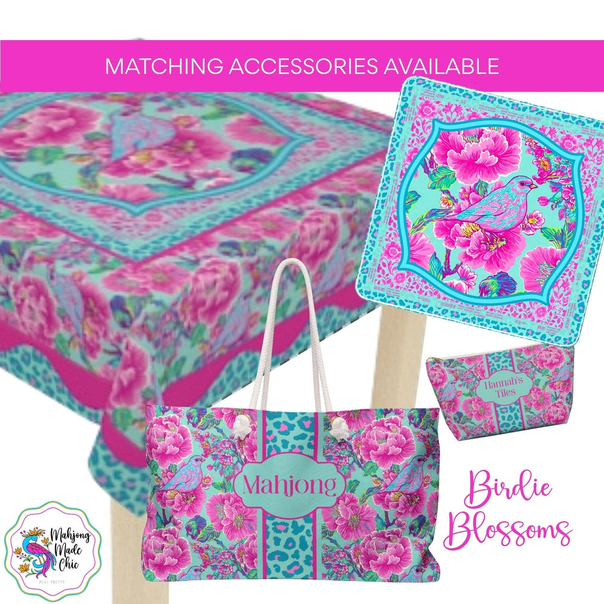 Birdie Blossom Pink & Turquoise Mahjong Tablecloth