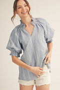 Ruffle Detail Stripe Top - Blue