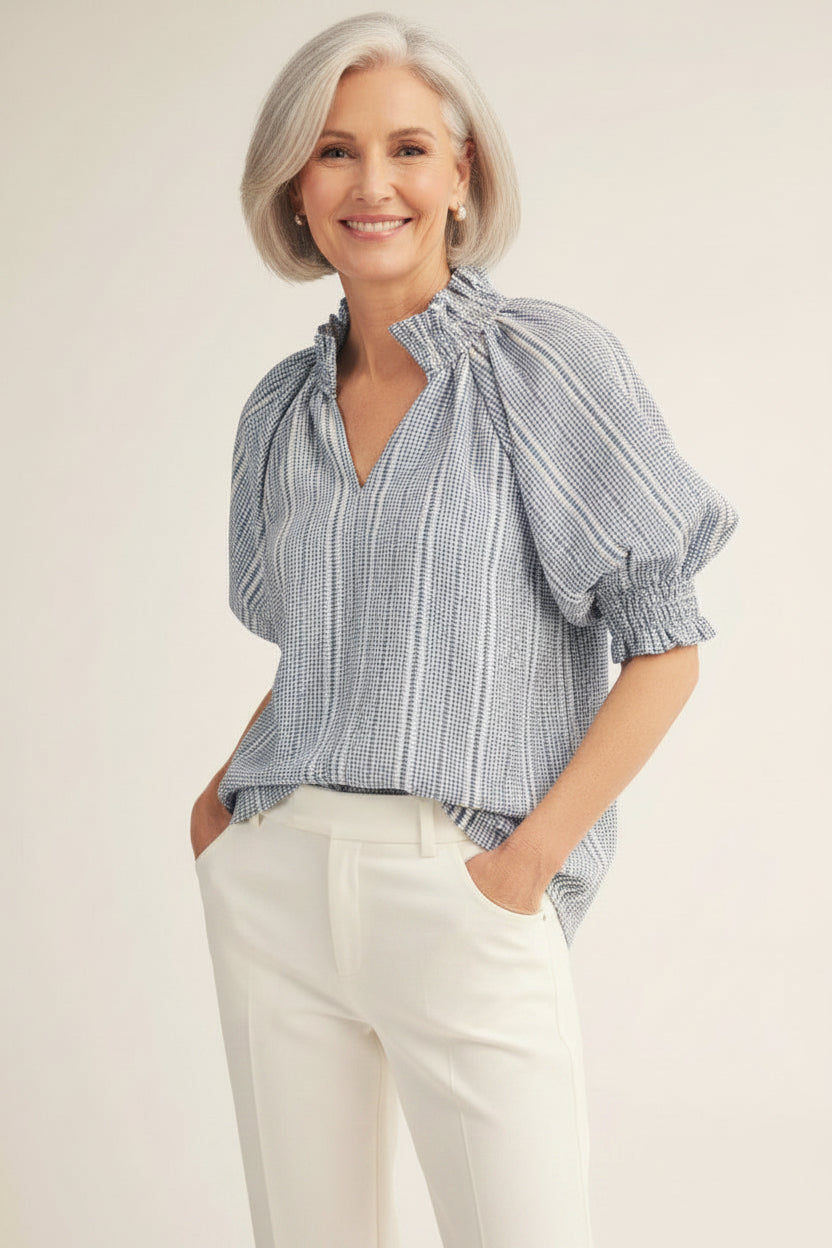 Ruffle Detail Stripe Top - Blue