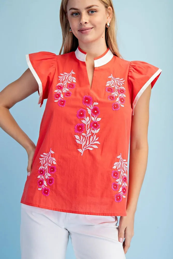Floral Embroidered V-Neck Top in Tomato