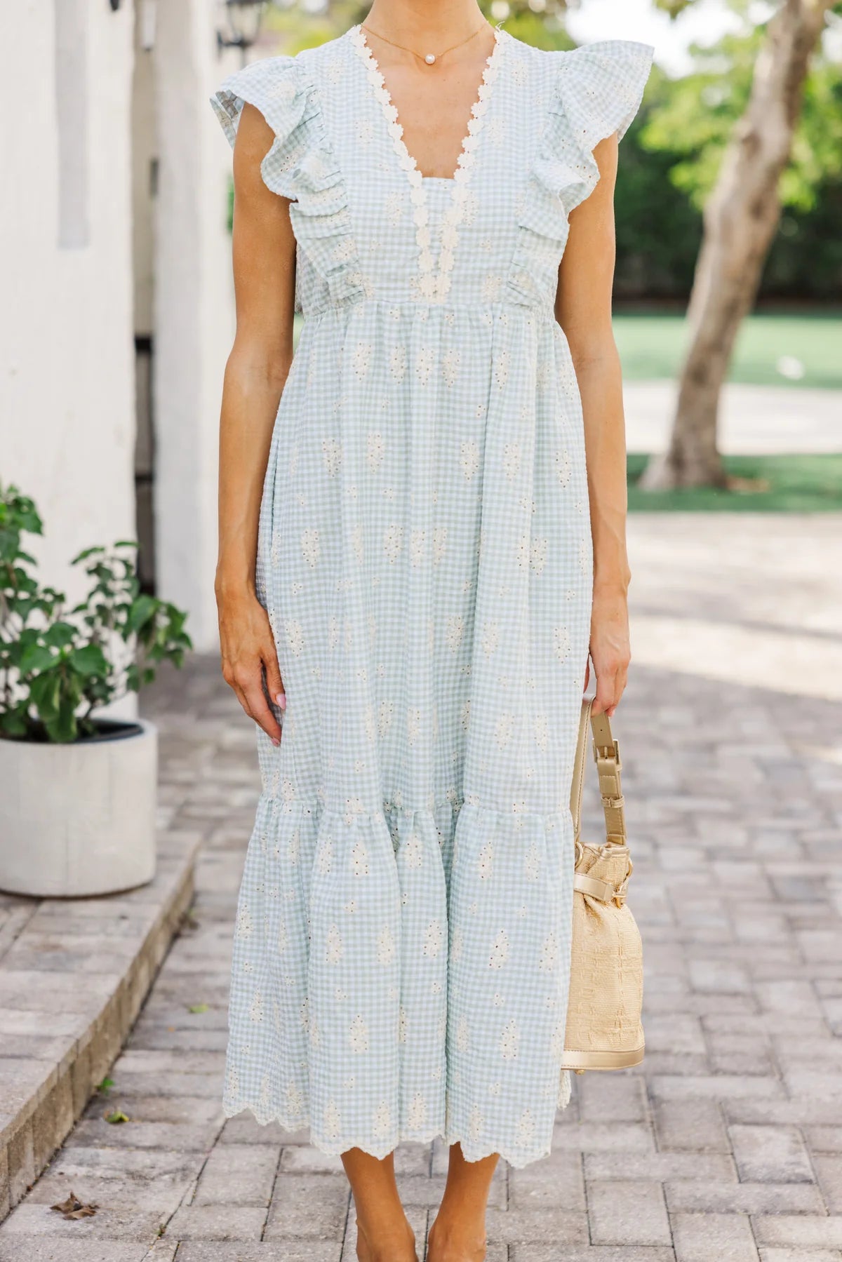 Gingham Print Floral Dress in Sage