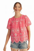 Scallop Hem Eyelet Lace Top in Pink