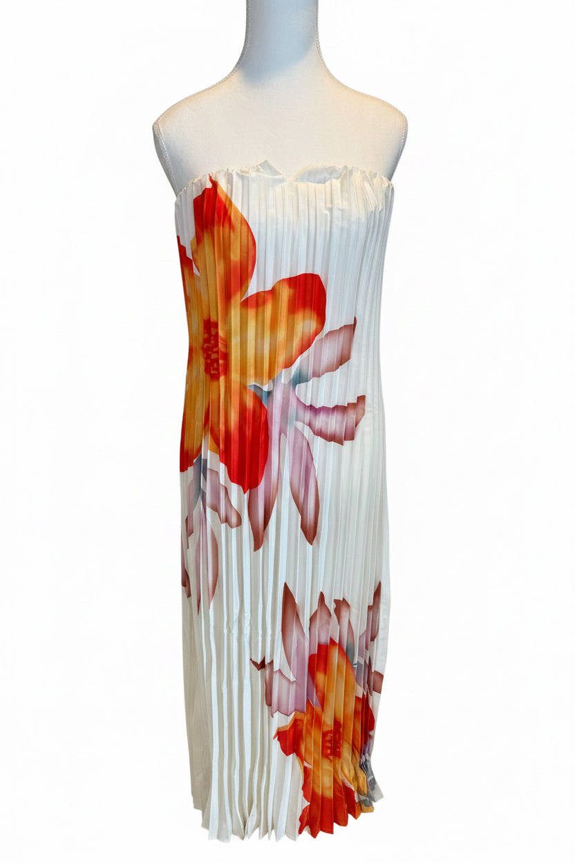 White Floral Print Strapless Pleated Maxi Dress