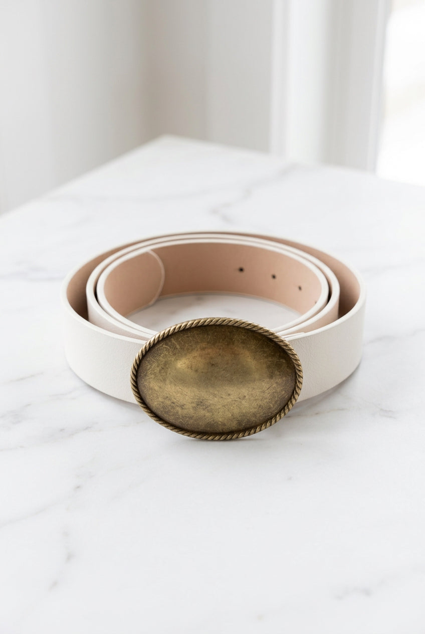 White Western Belt with Oval Gold-Tone Buckle