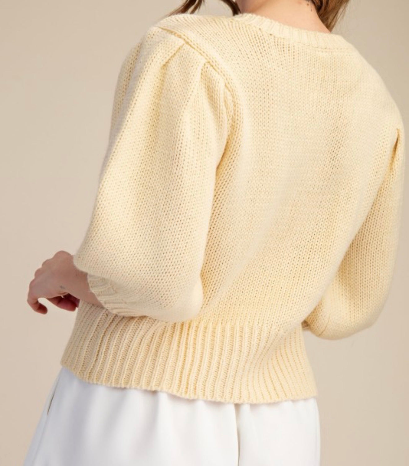 Butter Yellow Puff Sleeve Button-Down Sweater