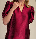 Ruffle V-Neck Puff Sleeve Top in Burgundy