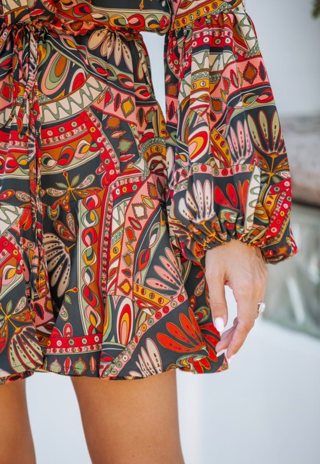 Botanical Print Mini Dress in Rust & Green