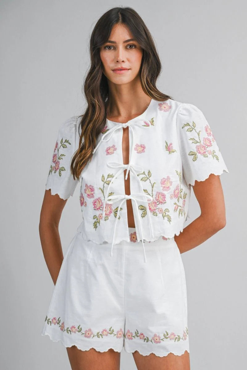 Pink & White Embroidery Short Sleeve & Short Set