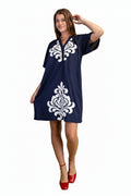 Blue Linen V-Neck Dress with Embroidered Details