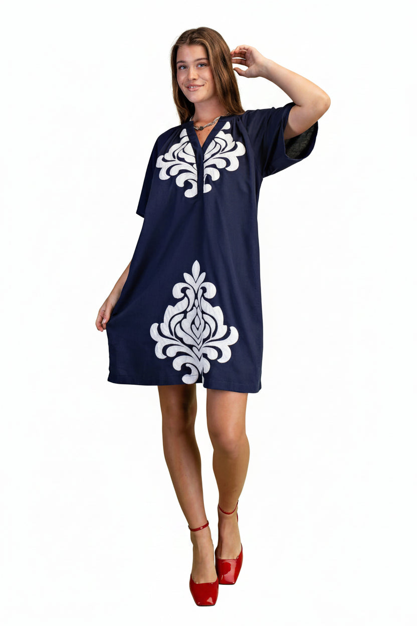 Blue Linen V-Neck Dress with Embroidered Details