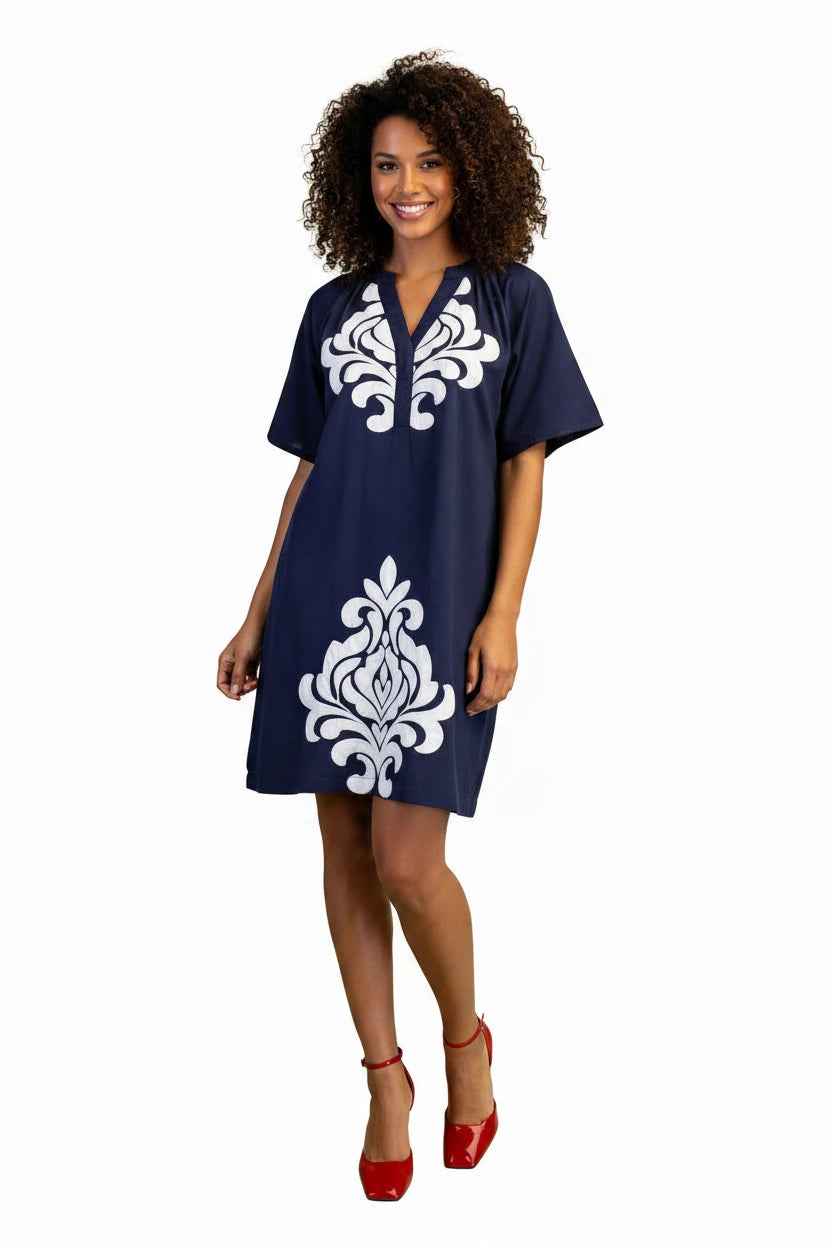 Blue Linen V-Neck Dress with Embroidered Details