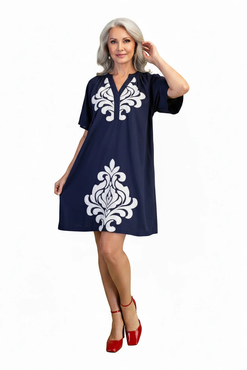 Blue Linen V-Neck Dress with Embroidered Details
