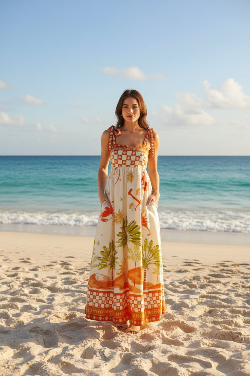 Orange Coastal Print Maxi Dress
