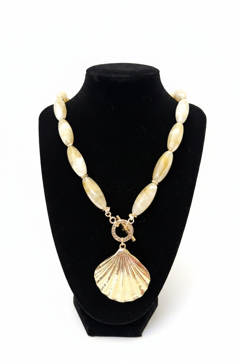 Beaded Acrylic Stone & Metal Shell Charm Necklace