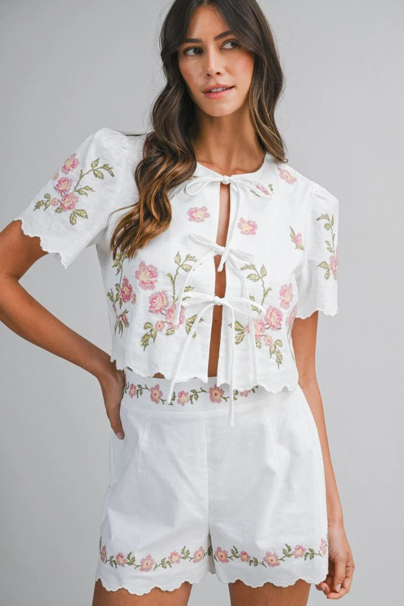 Pink & White Embroidery Short Sleeve & Short Set