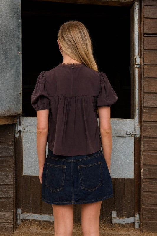 Brown Lace Trim Pintuck Puff Sleeve Blouse