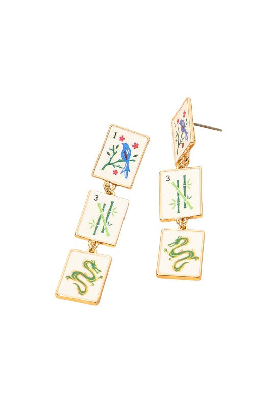 Triple Mahjong Tile Drop Earrings