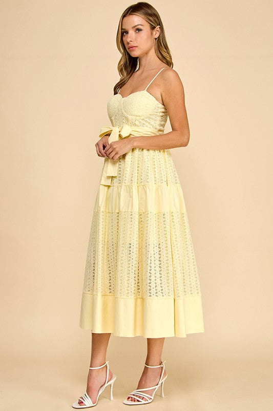 Lemon Yellow Eyelet Midi Dress