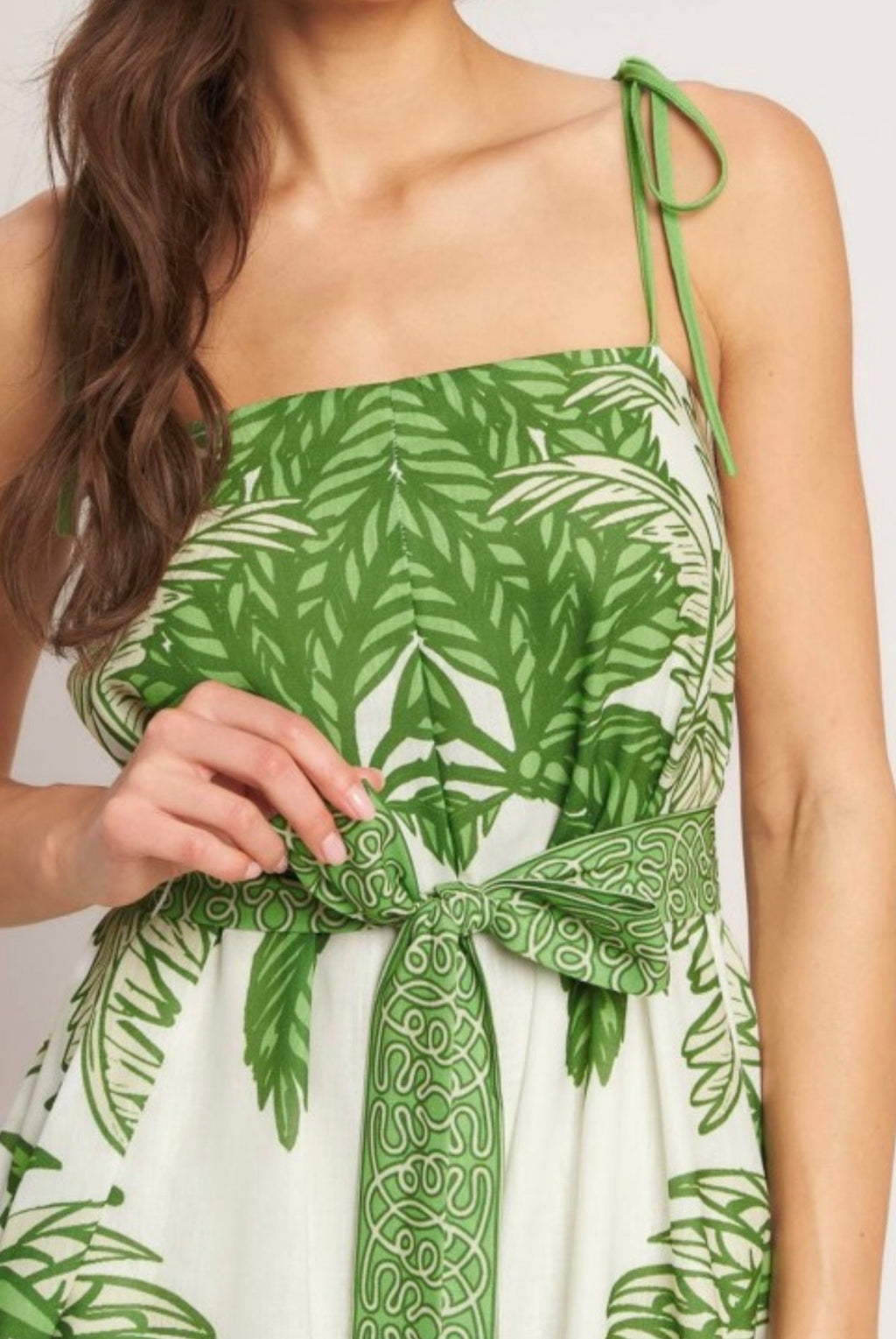 Printed Woven Green Tropical Tie Strap Jumpsuit