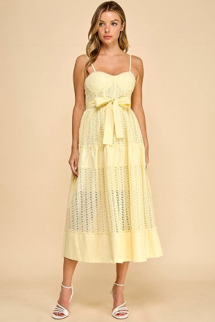 Lemon Yellow Eyelet Midi Dress