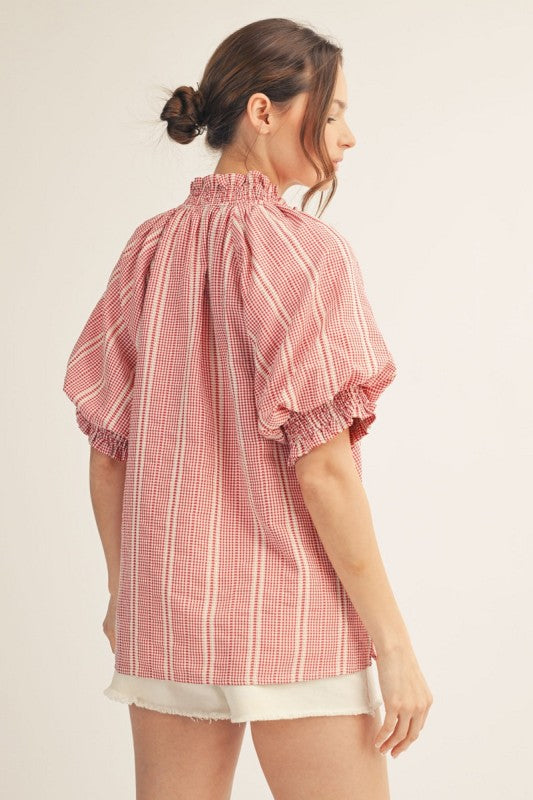 Ruffle Detail Stripe Top - Red