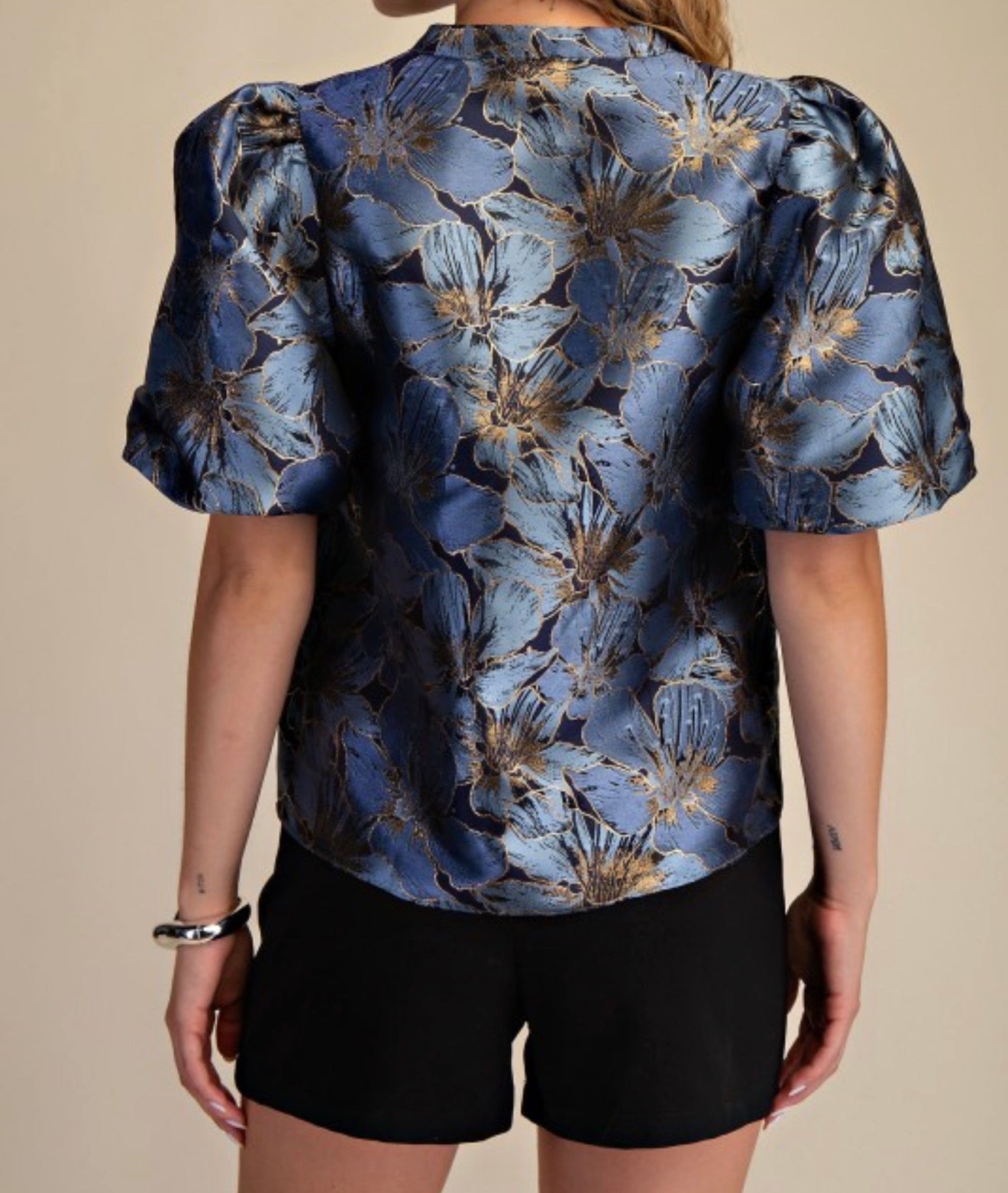 V-Neck Puff Sleeve Top in Blue & Black