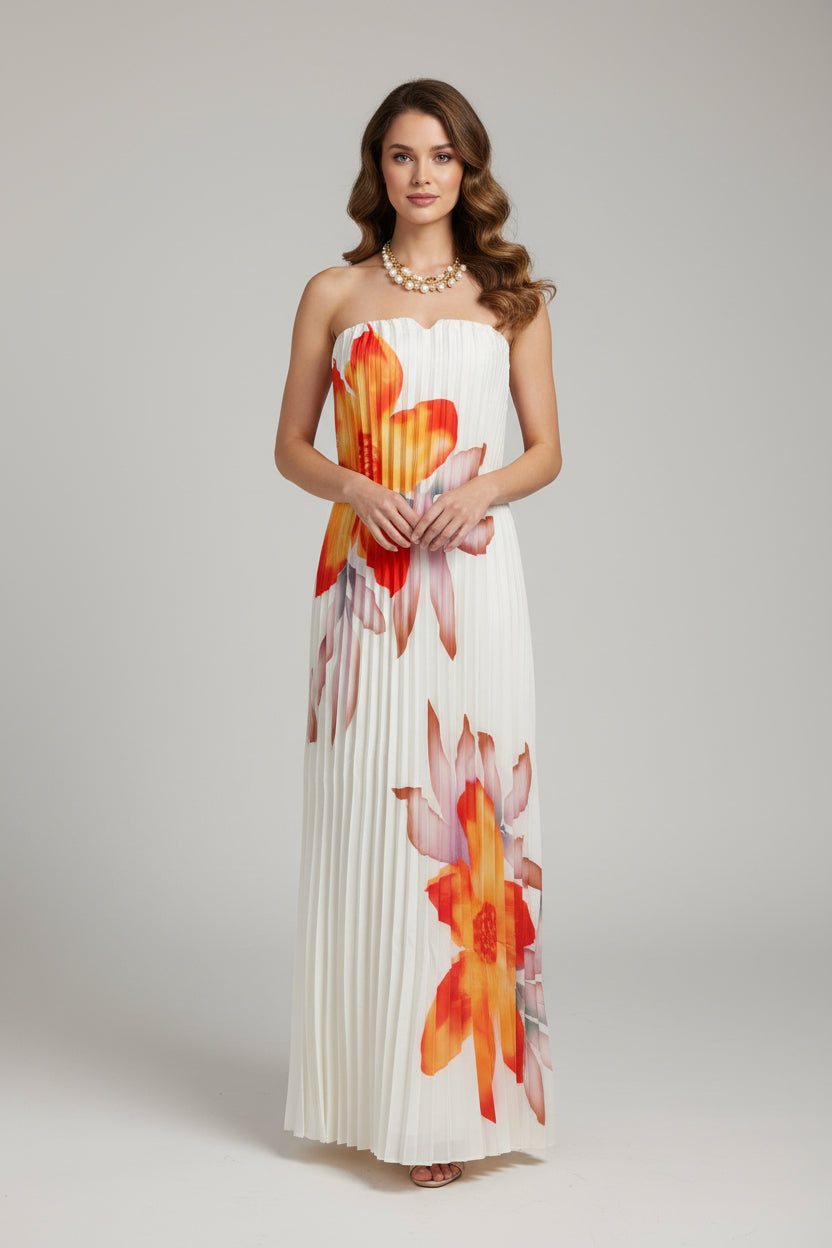 White Floral Print Strapless Pleated Maxi Dress
