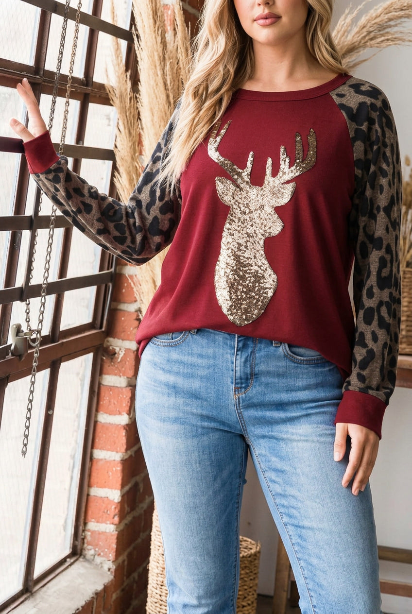 Reindeer Top - Burgundy