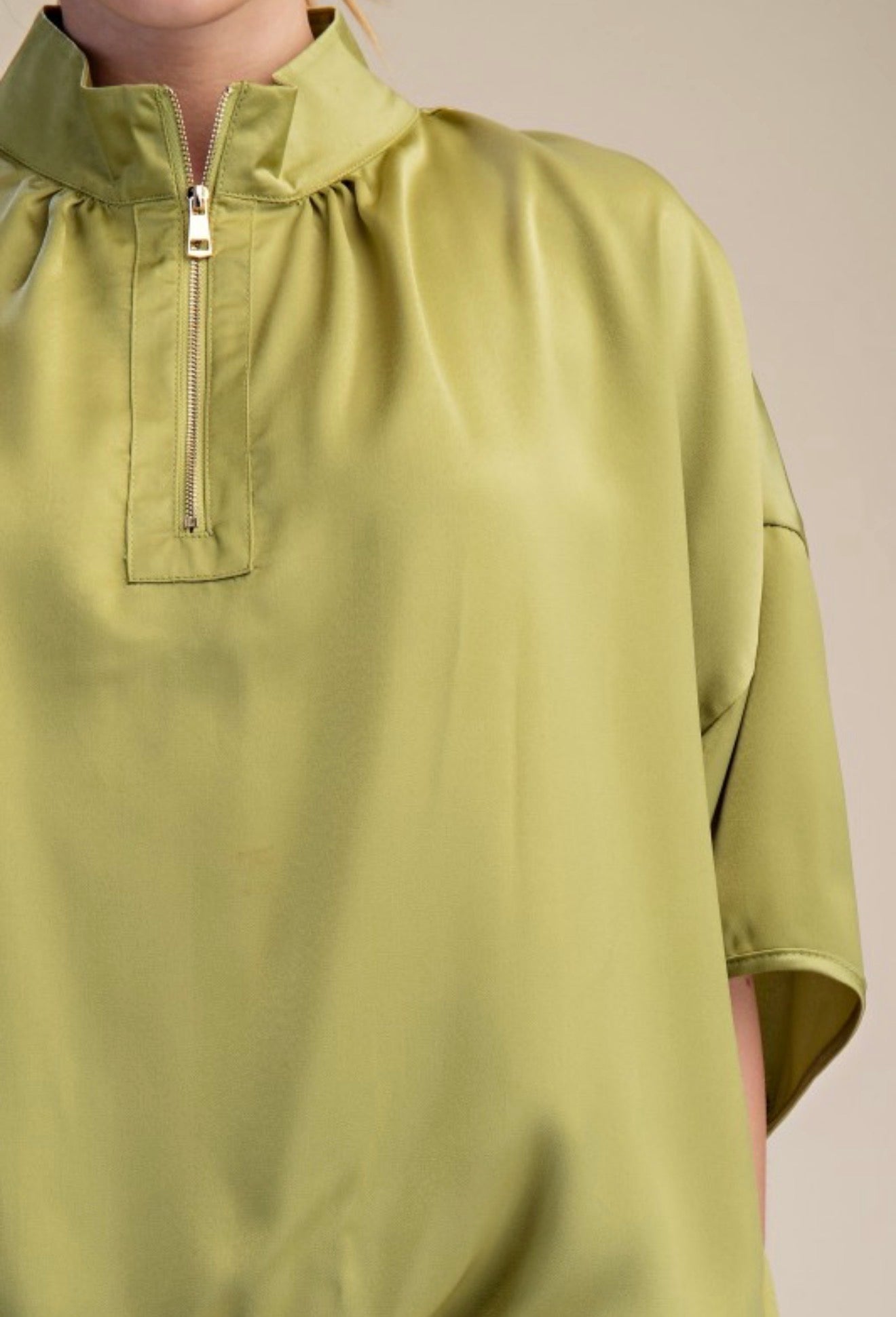 Chartreuse Satin Half-Zip Top