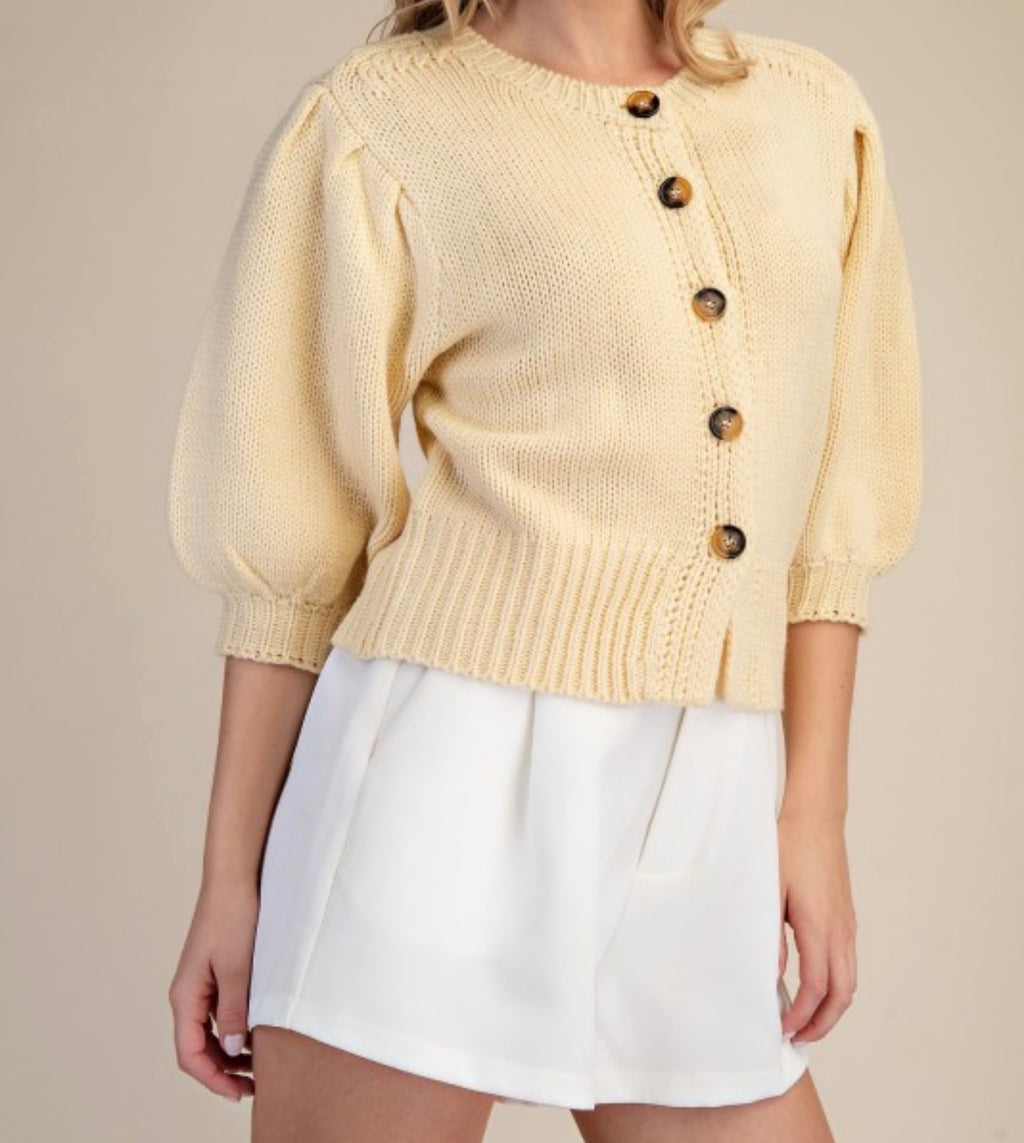 Butter Yellow Puff Sleeve Button-Down Sweater
