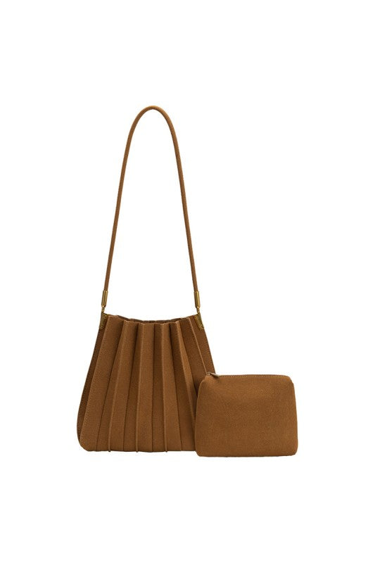 Camel Pleated Vegan Suede Shoulder Bag