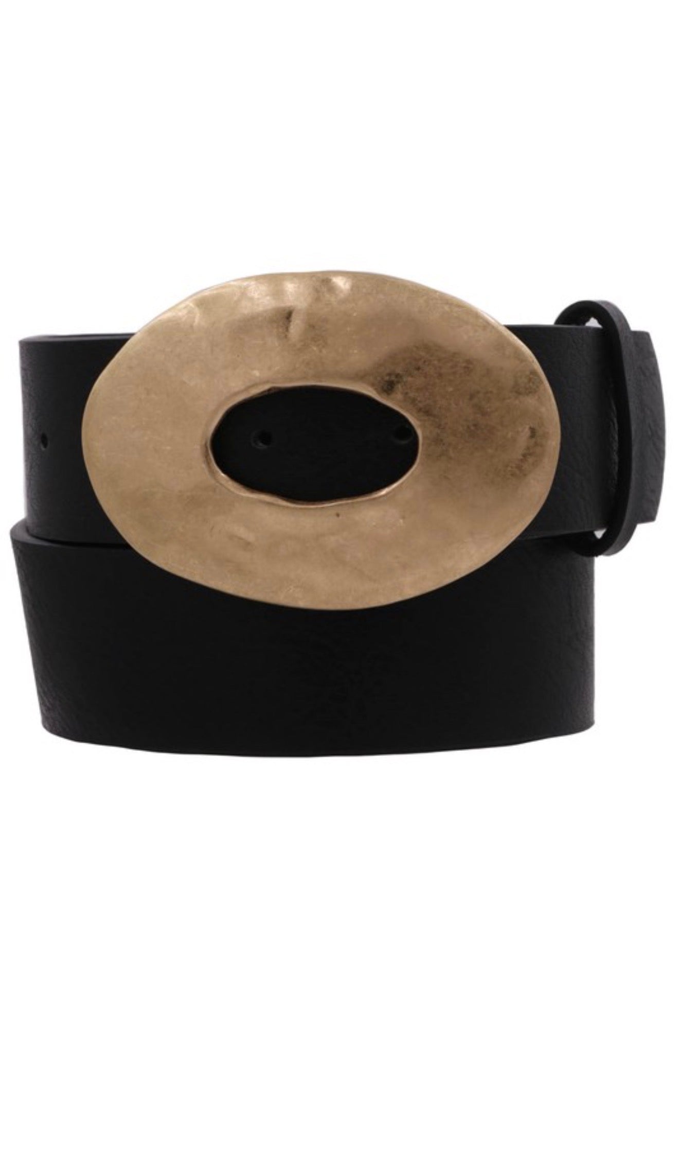 Pounded Oval Buckle Faux Leather Belt – Black