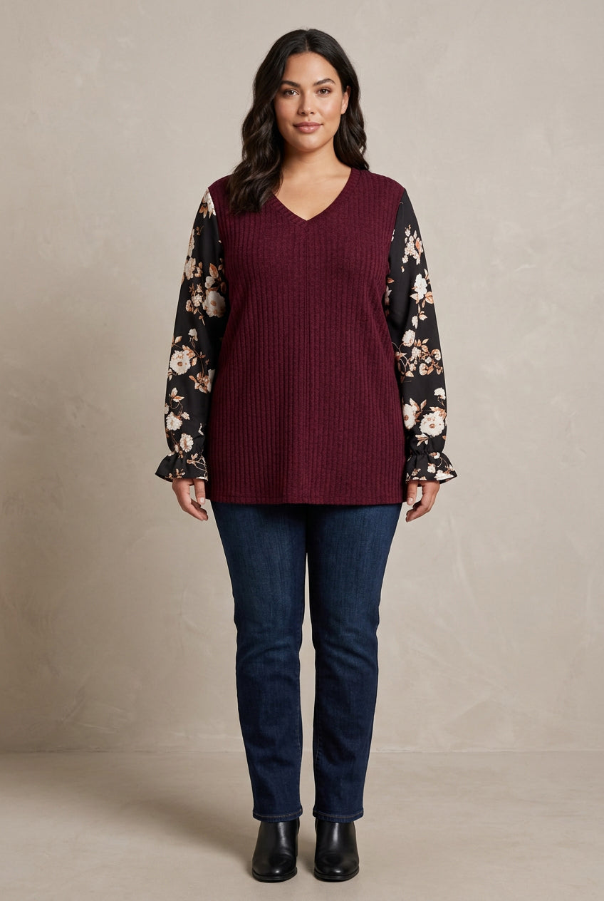 Burgundy Floral-Sleeve V-Neck Top