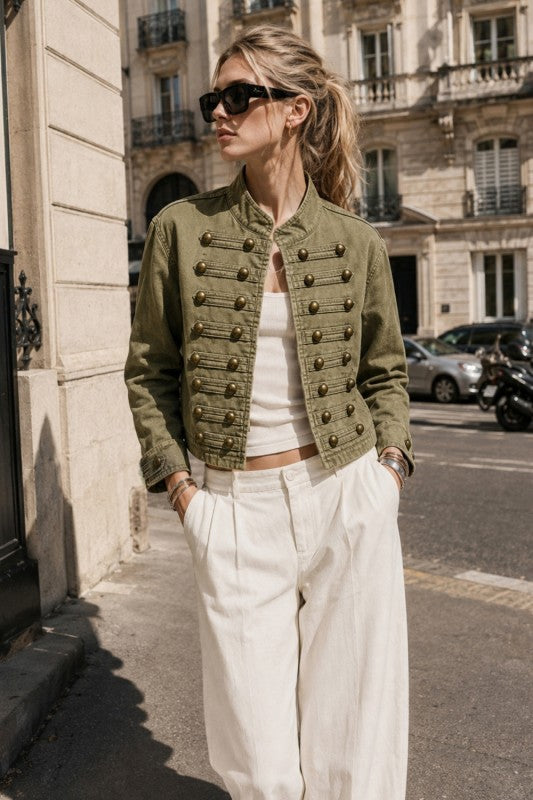 Washed Olive Military-Inspired Hook & Eye Jacket