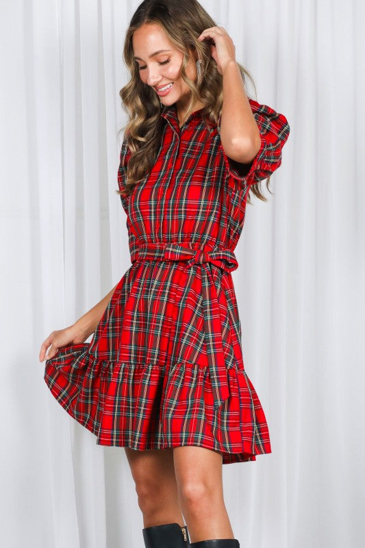 Red Plaid Puff Sleeve Tie-Waist Mini Dress