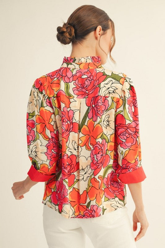 Contrast Accent Floral Top in Red