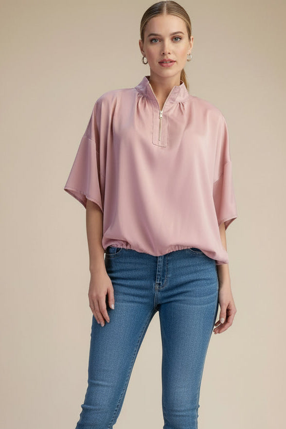 Elbow Sleeve Half Zip Satin Top in Pink