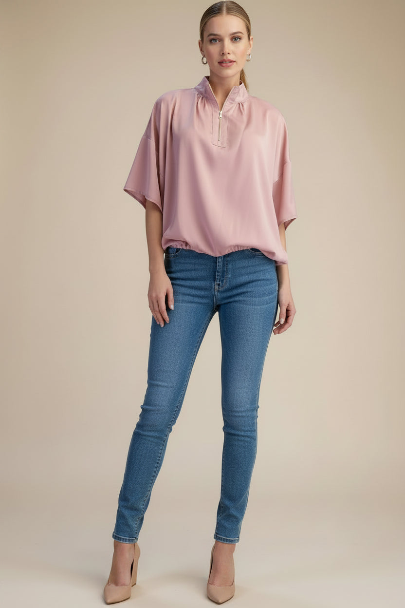 Elbow Sleeve Half Zip Satin Top in Pink