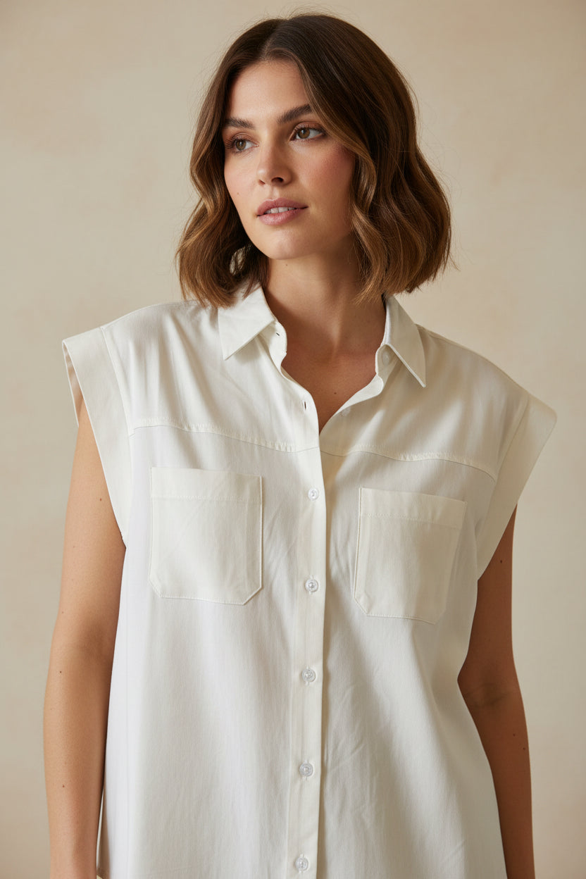 Sleeveless Button Shirt in Ivory