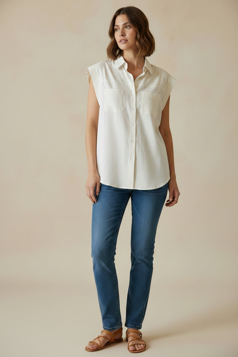 Sleeveless Button Shirt in Ivory