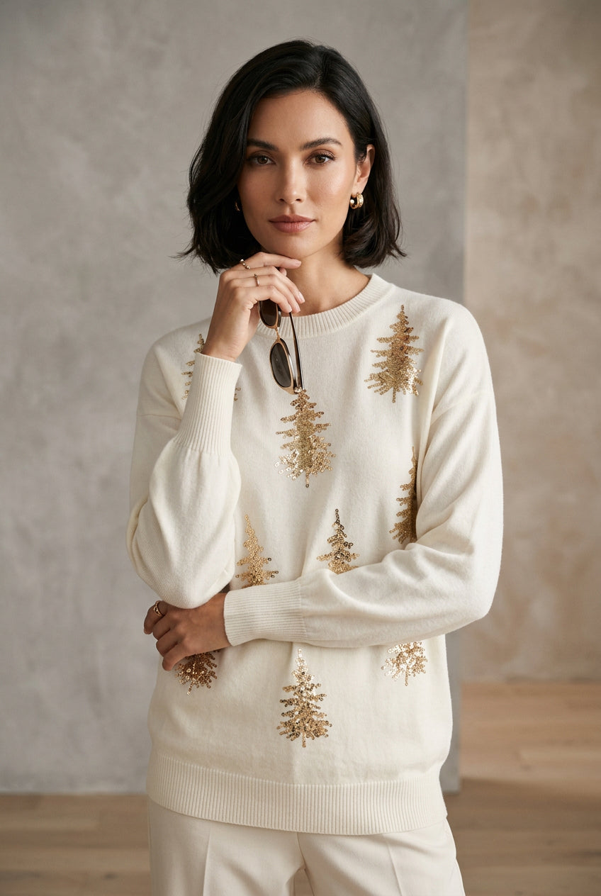 Cream Sparkling Sequin Tree Sweater