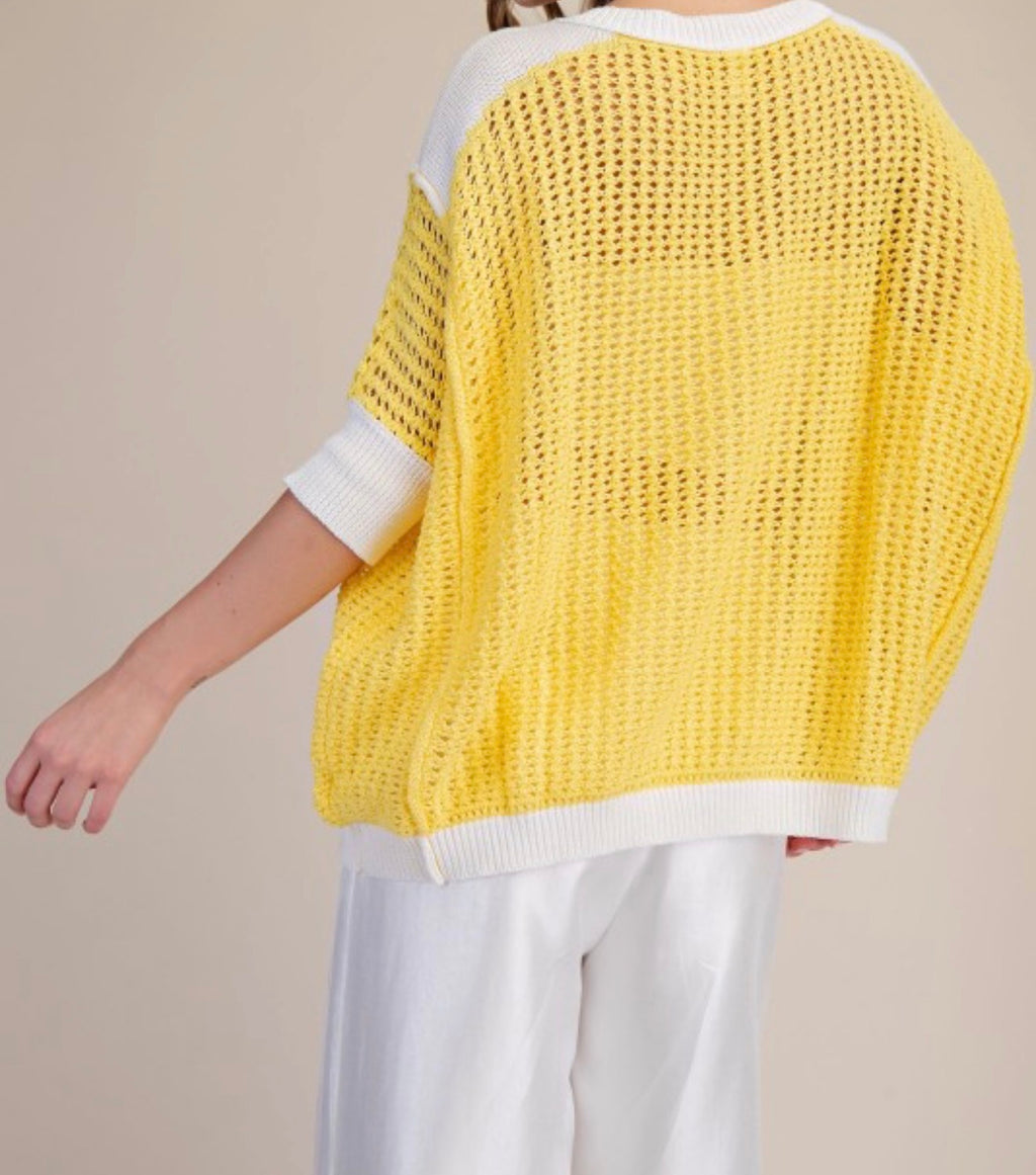 Keyhole Open-Stitch Sweater in Butter Yellow