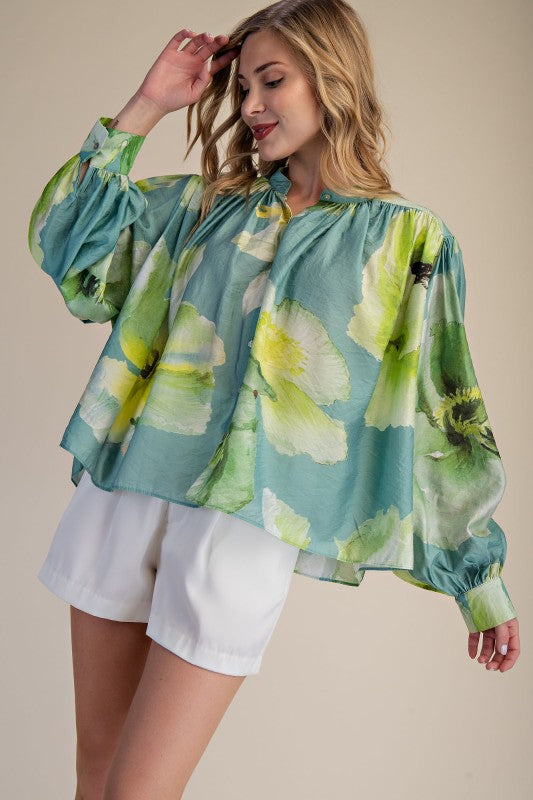 Sage Neck Band Voluminous Long Sleeve Blouse