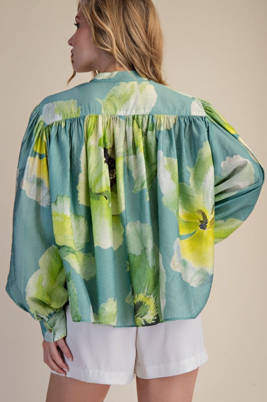 Sage Neck Band Voluminous Long Sleeve Blouse