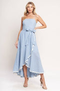 White & Blue Striped Woven Midi Dress