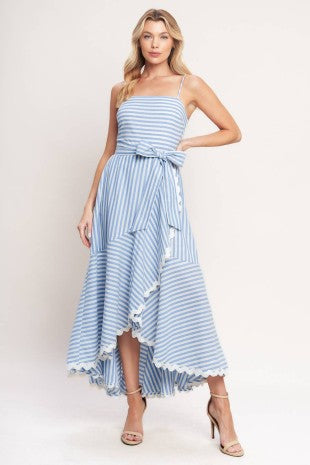 White & Blue Striped Woven Midi Dress