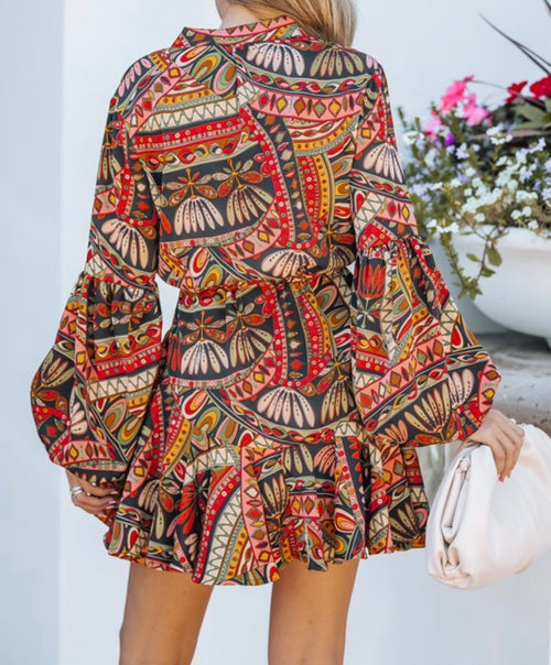 Botanical Print Mini Dress in Rust & Green